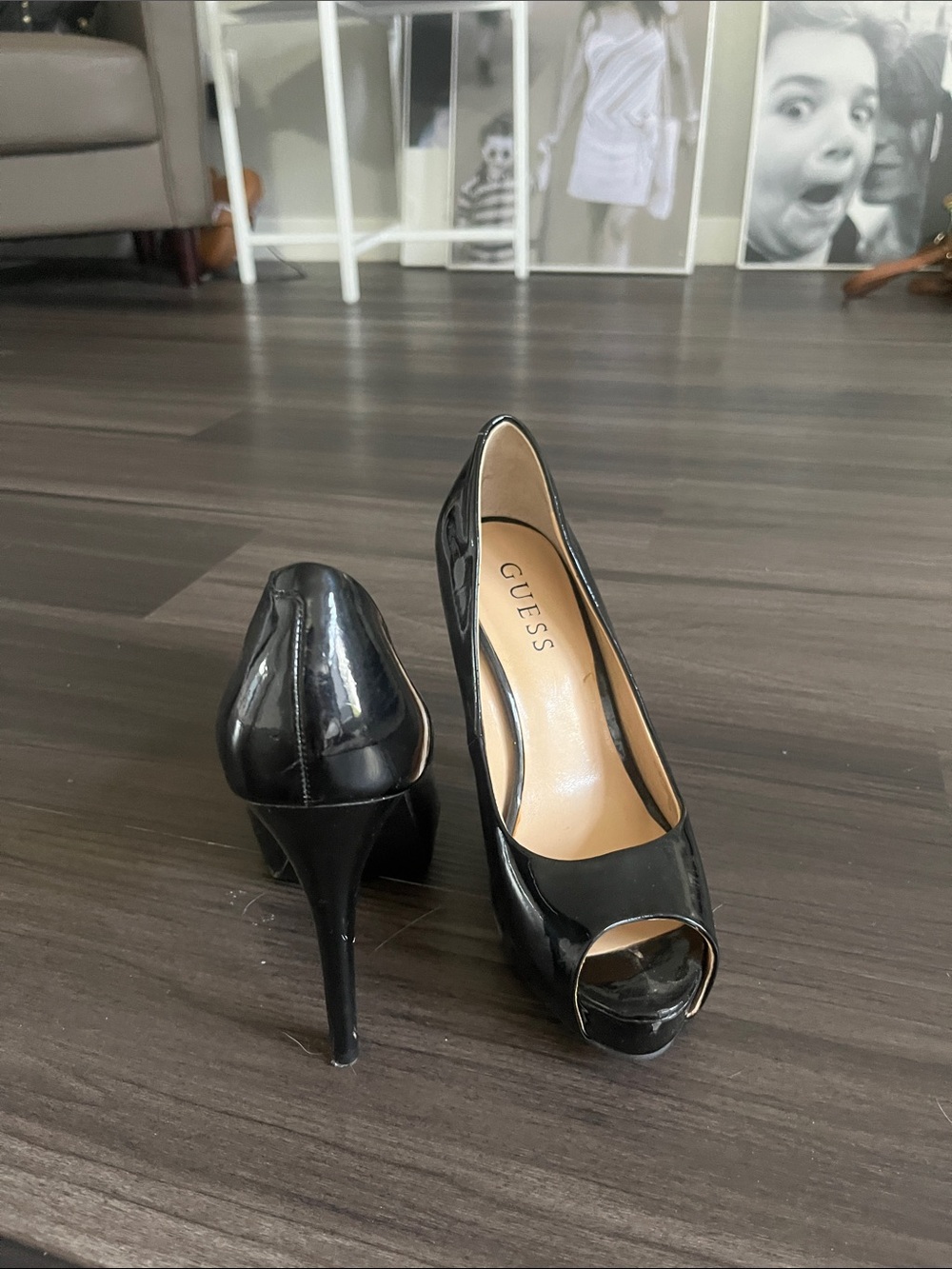 GUESS Black Patent Peep-Toe Stiletto Heels